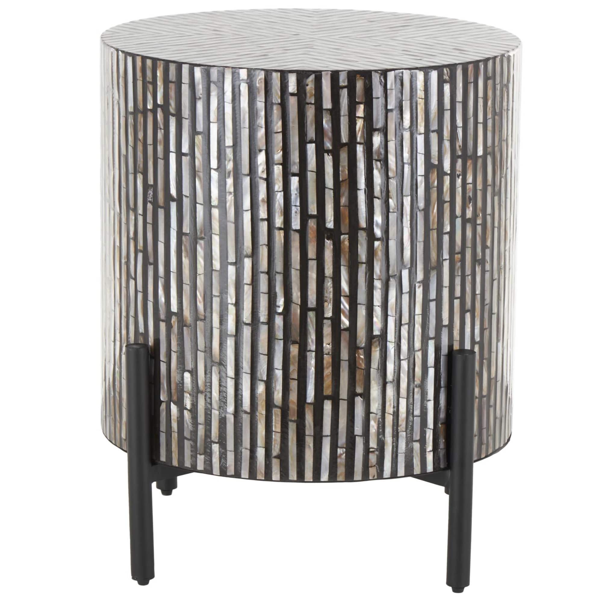 22.25" Multicolor Mother of Pearl Shell Geometric Handmade Inlay Accent Table with Black Legs